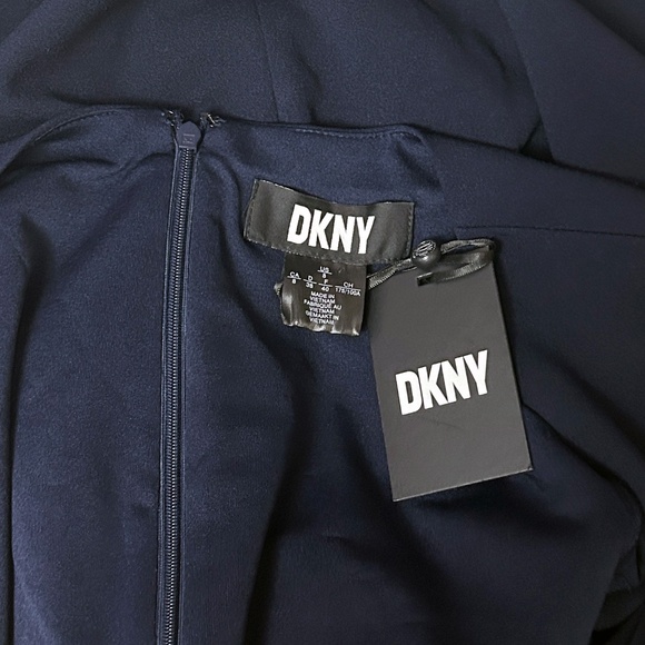 DKNY Mixed Media Sheath Cocktail Dress Gold Metallic Thread Detail Puff Sleeve - Picture 12 of 16